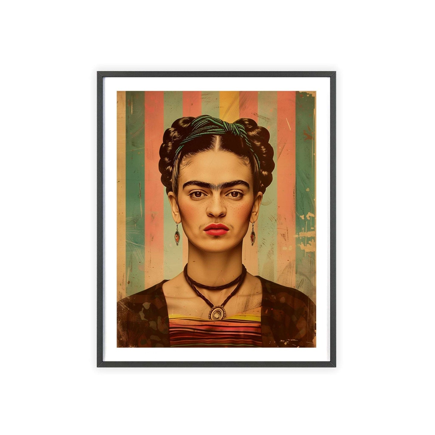 Vintage pop art style poster featuring Frida Kahlo in a vibrant color scheme. Frida has her signature unibrow, set against a background of bold, contrasting colors. The poster is framed.