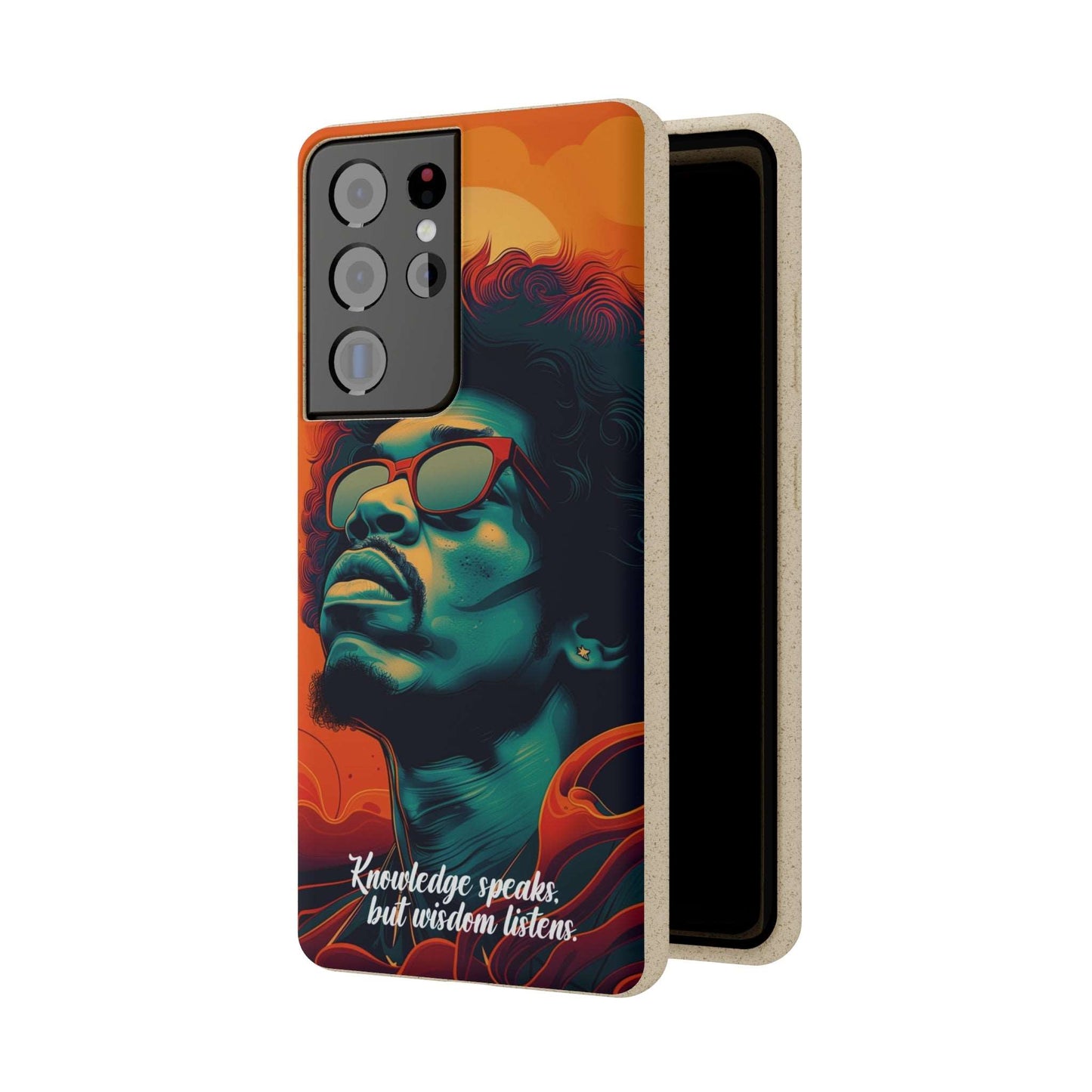 Stylish biodegradable phone case featuring Jimi Hendrix's quote "Knowledge speaks, but Wisdom listens" in an artistic design.