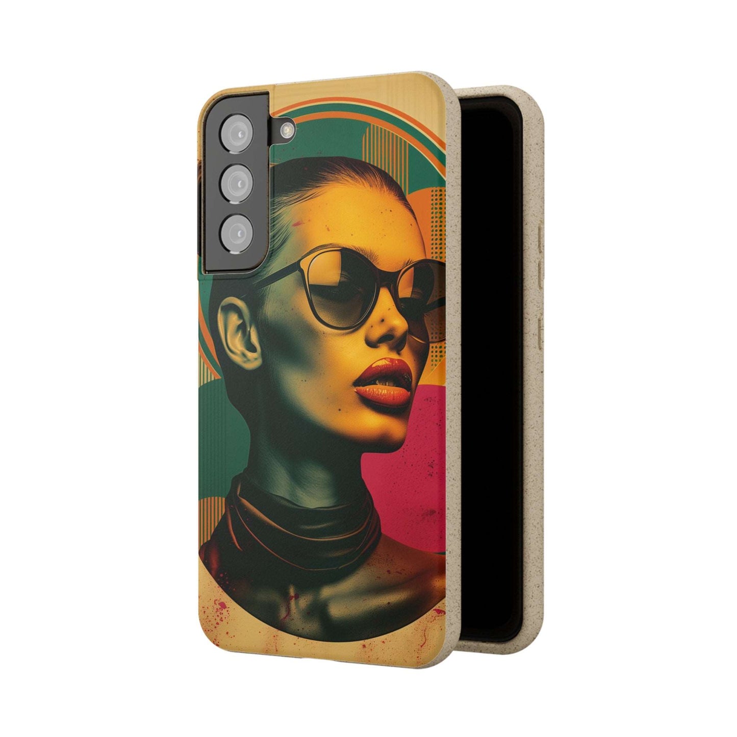 Rome-inspired biodegradable phone case with Mediterranean hues and a retro portrait, compatible with iPhone and Samsung models.