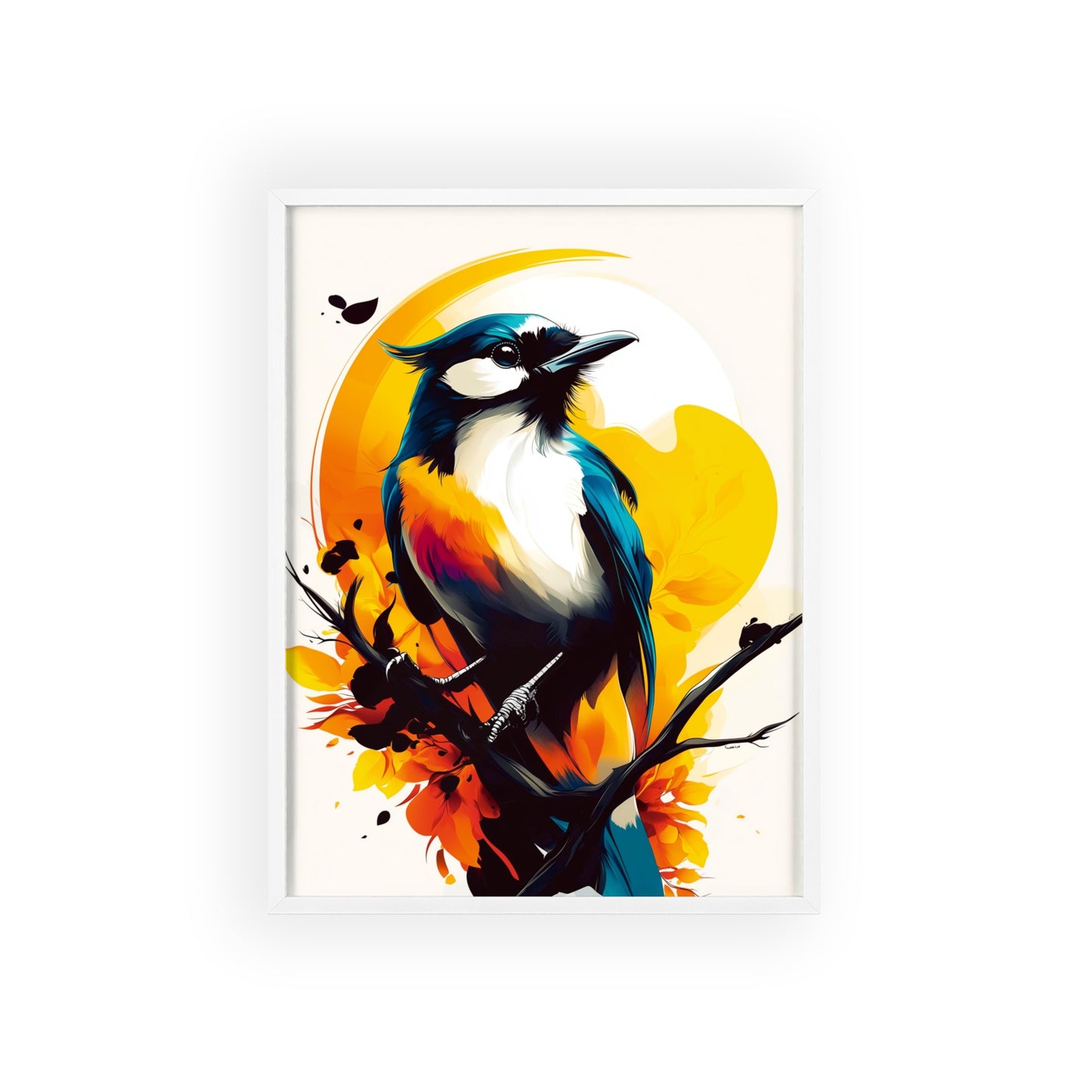 Stylized digital pop art poster of a jay with dynamic geometric shapes in vibrant yellow, orange, blue, and black colors