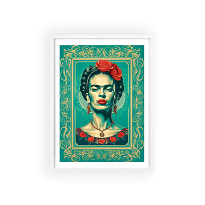 Framed portrait poster of Frida Kahlo in a modern vector design. Her features are rendered in gold, with aquamarine accents. The background is aquamarine.