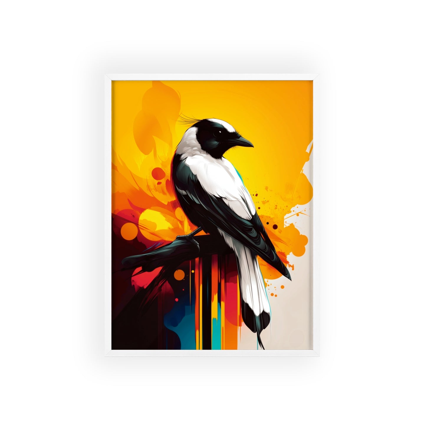 Framed Mystical Pop poster of a vibrant magpie in bold, colorful vector art.