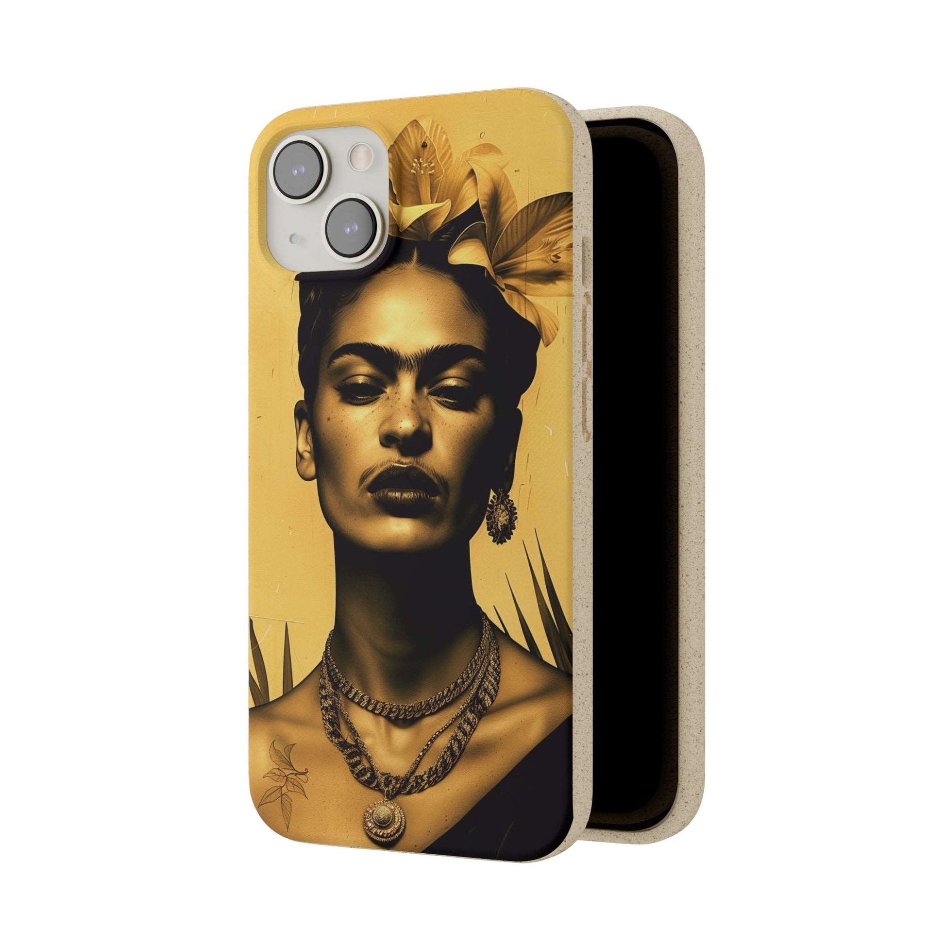 Biodegradable phone case with Frida Kahlo-inspired artwork in Coyoacan.