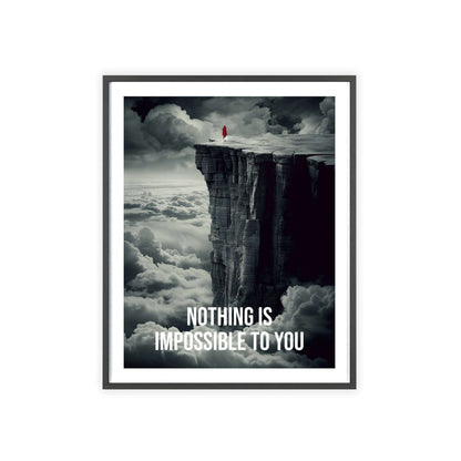 Surreal minimalist art print featuring a silhouette climbing a cliff, with Neville Goddard quote "Nothing is impossible to you"