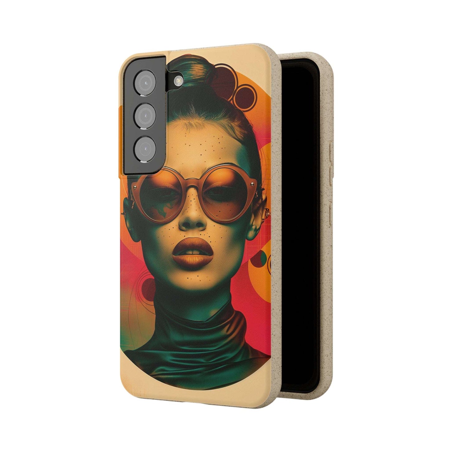 Biodegradable phone case featuring a Havana-inspired retro portrait in warm tropical hues, compatible with iPhone and Samsung models.