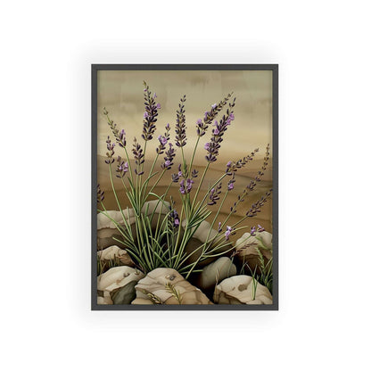 Vintage-style framed poster showcasing delicate lavender sprigs in soothing purple hues