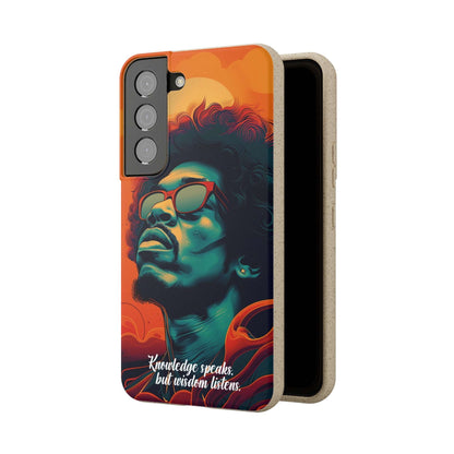 Stylish biodegradable phone case featuring Jimi Hendrix's quote "Knowledge speaks, but Wisdom listens" in an artistic design.