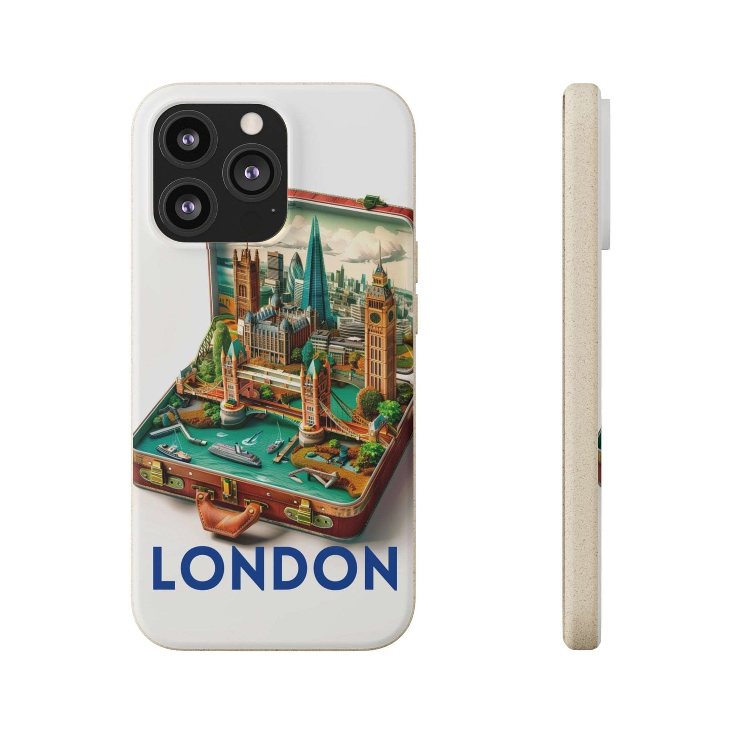 London phone case made from sustainable plant-based materials and bamboo fibers. Biodegradable and wireless charging compatible