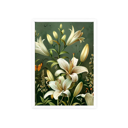 Vintage-style framed poster featuring graceful lily blooms in soft, elegant hues