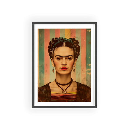 Vintage pop art style poster featuring Frida Kahlo in a vibrant color scheme. Frida has her signature unibrow, set against a background of bold, contrasting colors. The poster is framed.