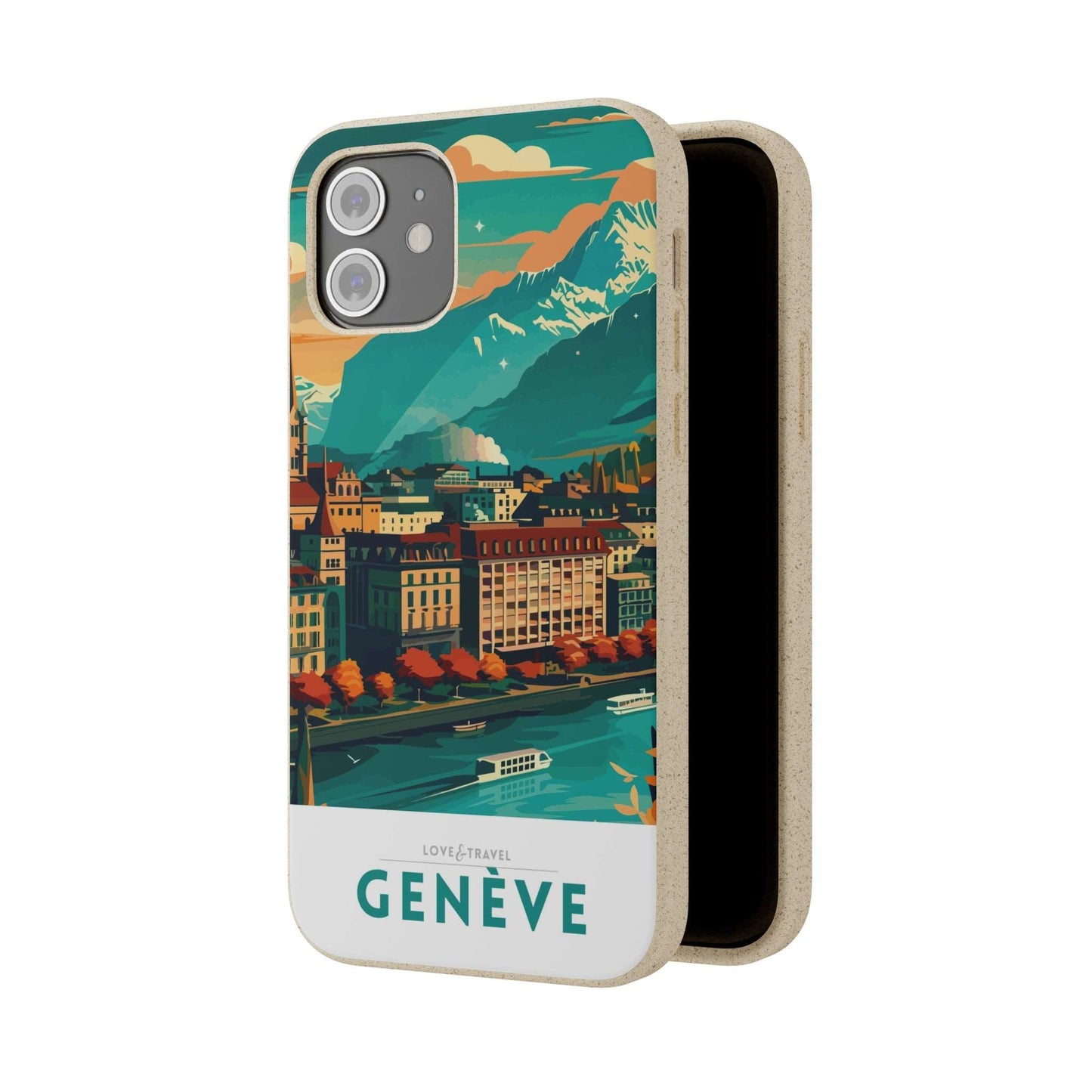 Colorful biodegradable phone case featuring a stylized travel poster design of Geneva, Switzerland.