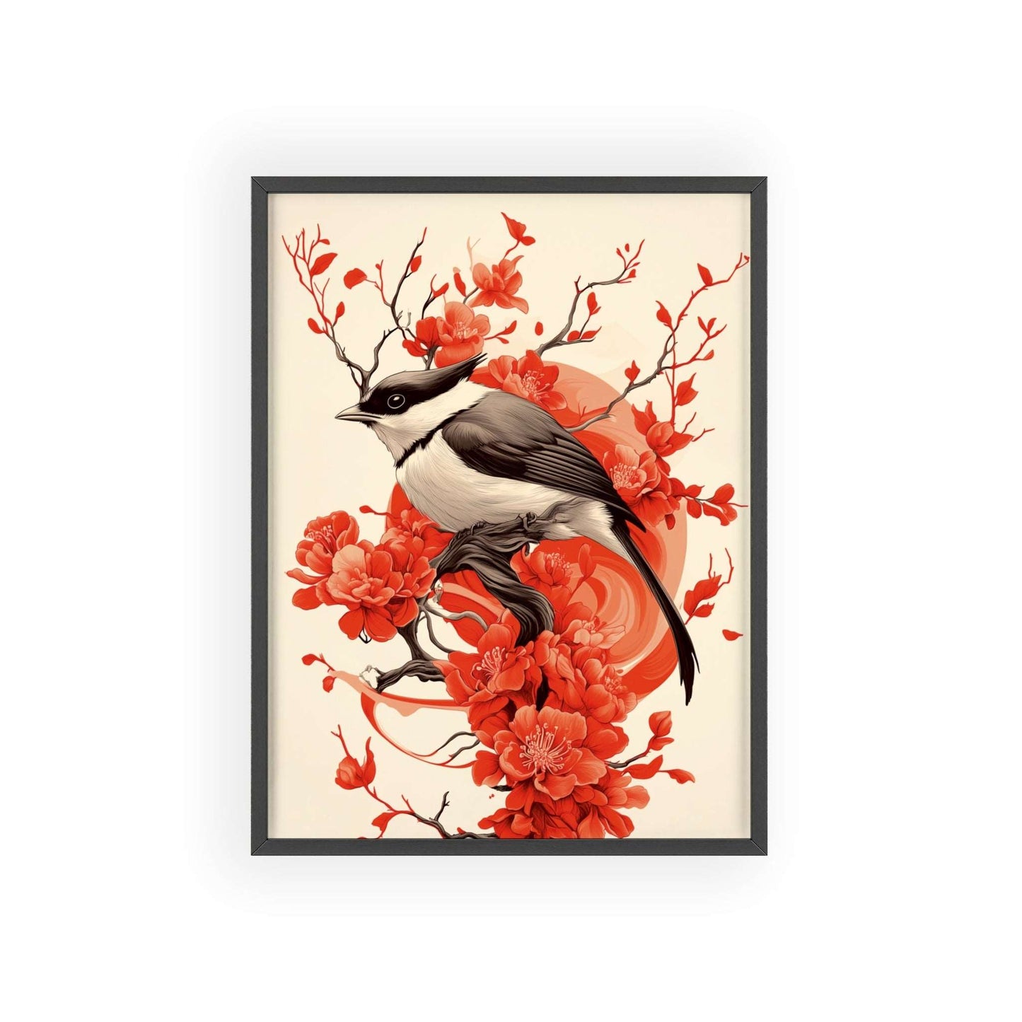 Framed poster depicting a stylized jay surrounded by red flowers