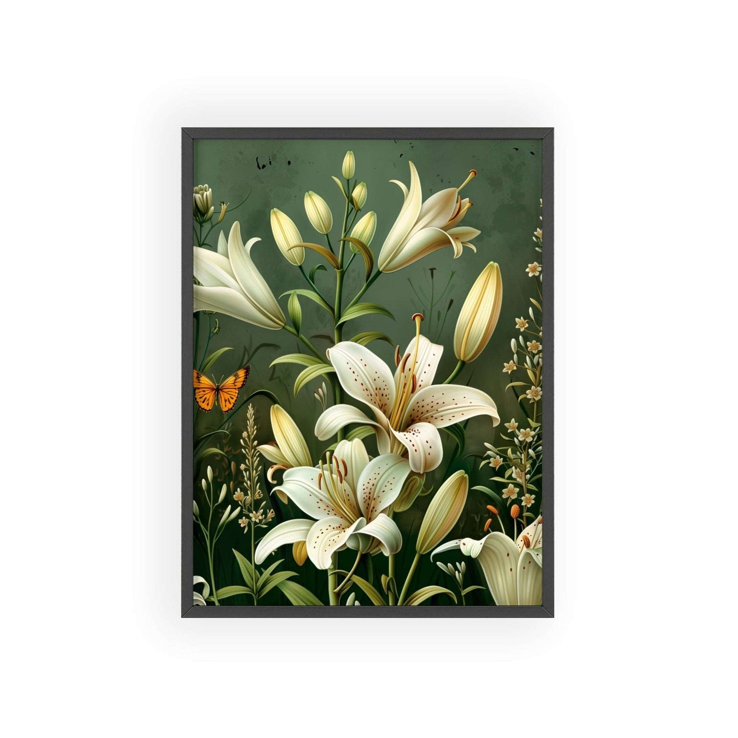 Vintage-style framed poster featuring graceful lily blooms in soft, elegant hues