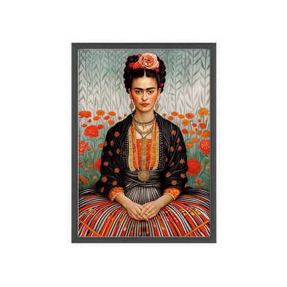 Minimalist poster featuring Frida Kahlo sitting in a field of flowers.  The poster is black and white, with a focus on Frida's powerful gaze and unibrow.  The poster is framed.