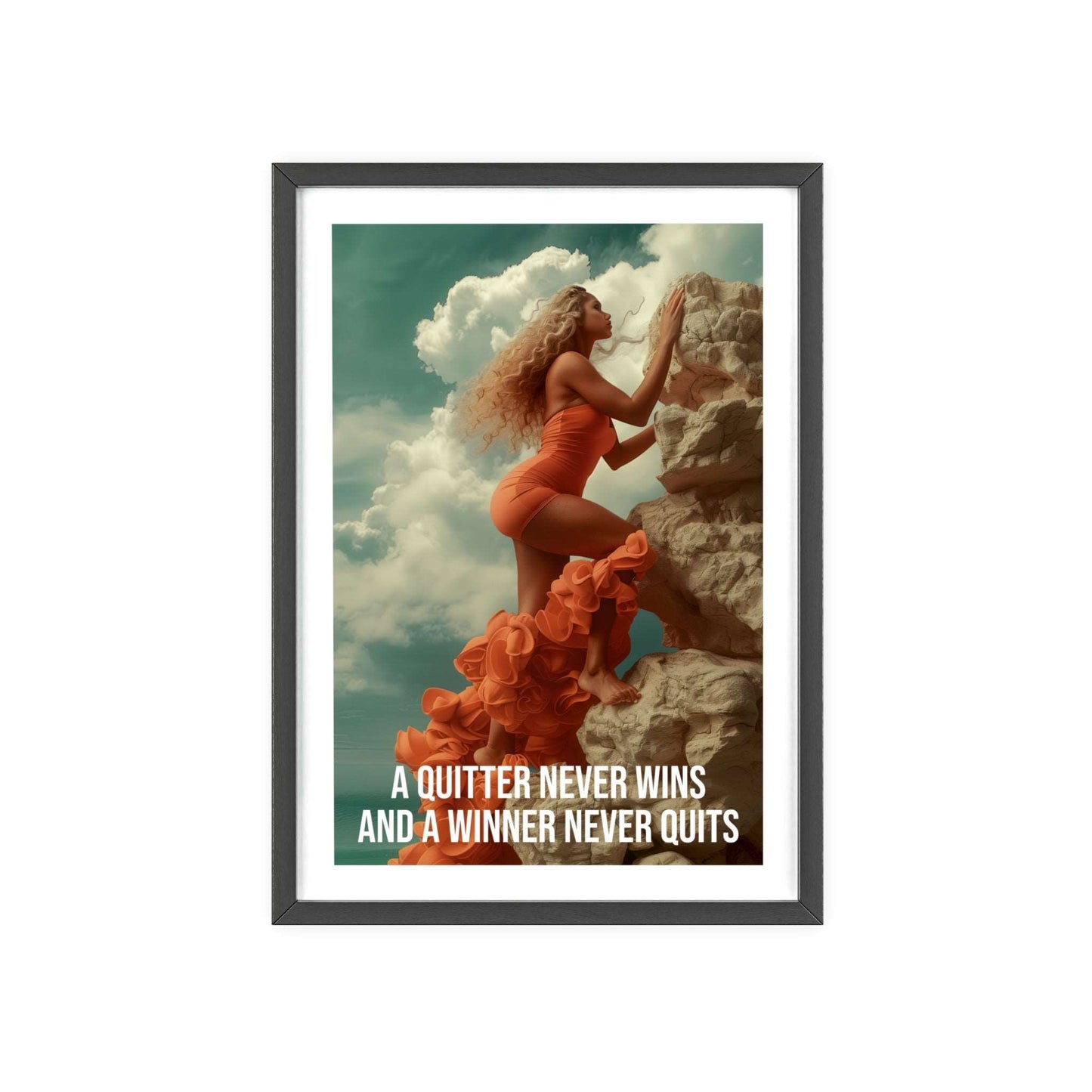 Woman scaling a rock face, gaze fixed on the summit, motivational quote "A Quitter Never Wins" by Napoleon Hill