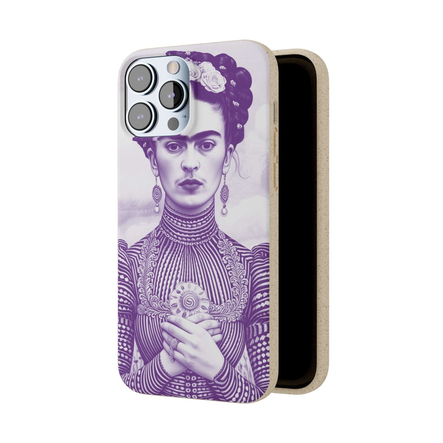 Stylish violet biodegradable phone case featuring an artistic portrait of Frida Kahlo.