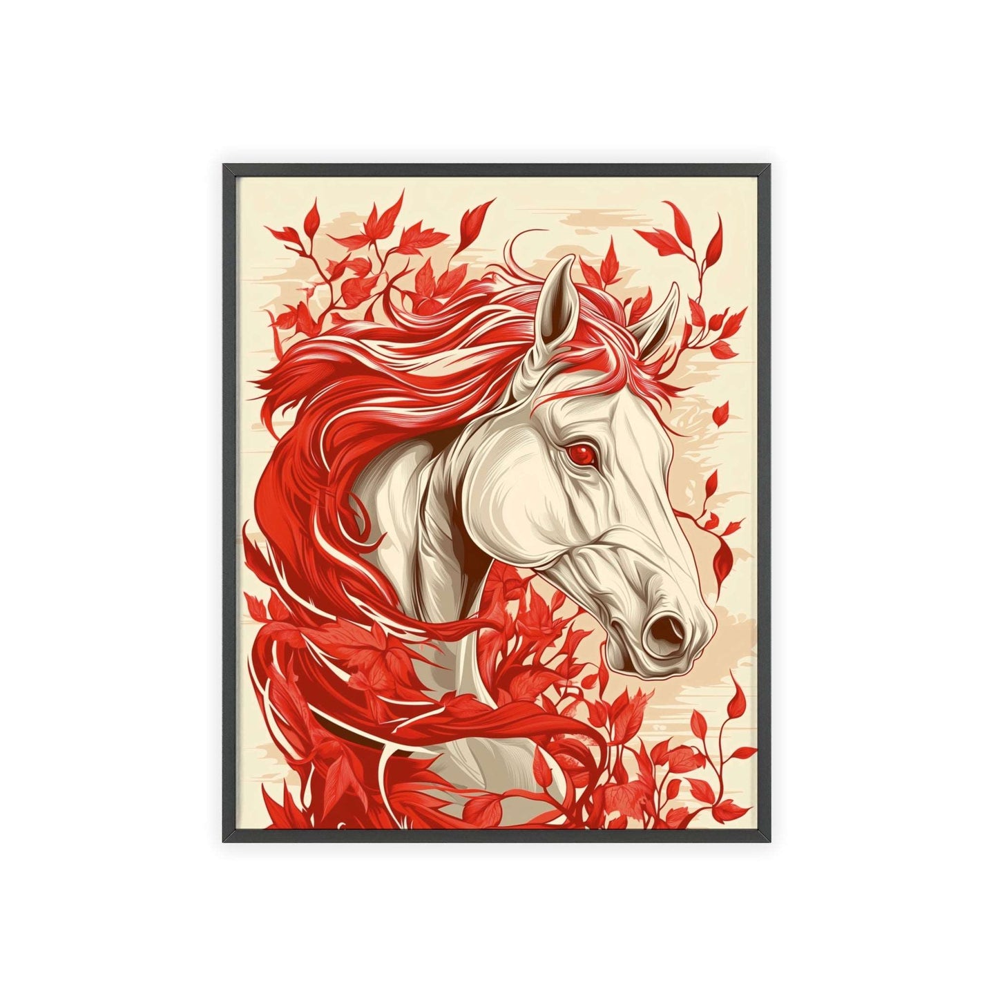 Framed poster featuring a stylized horse amidst red flowers