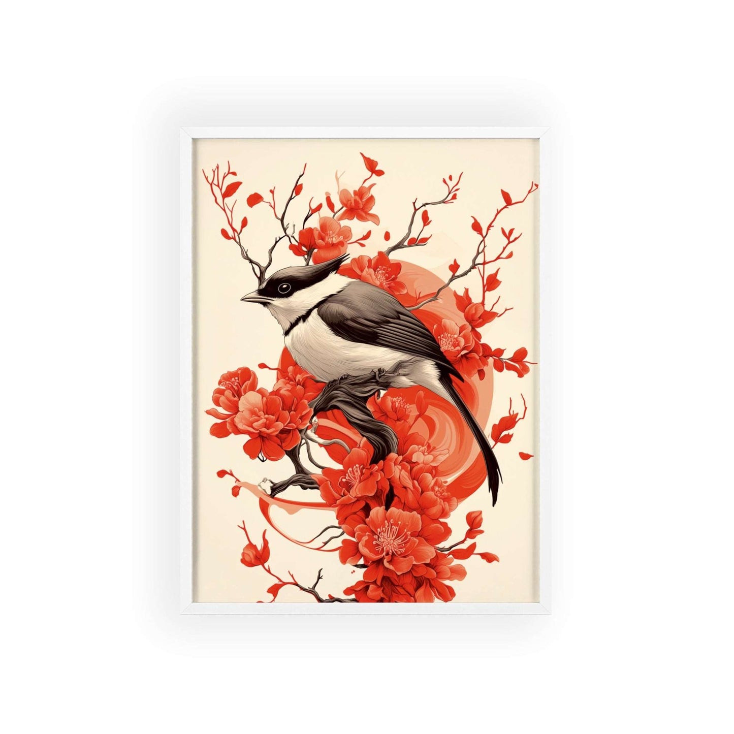 Framed poster depicting a stylized jay surrounded by red flowers