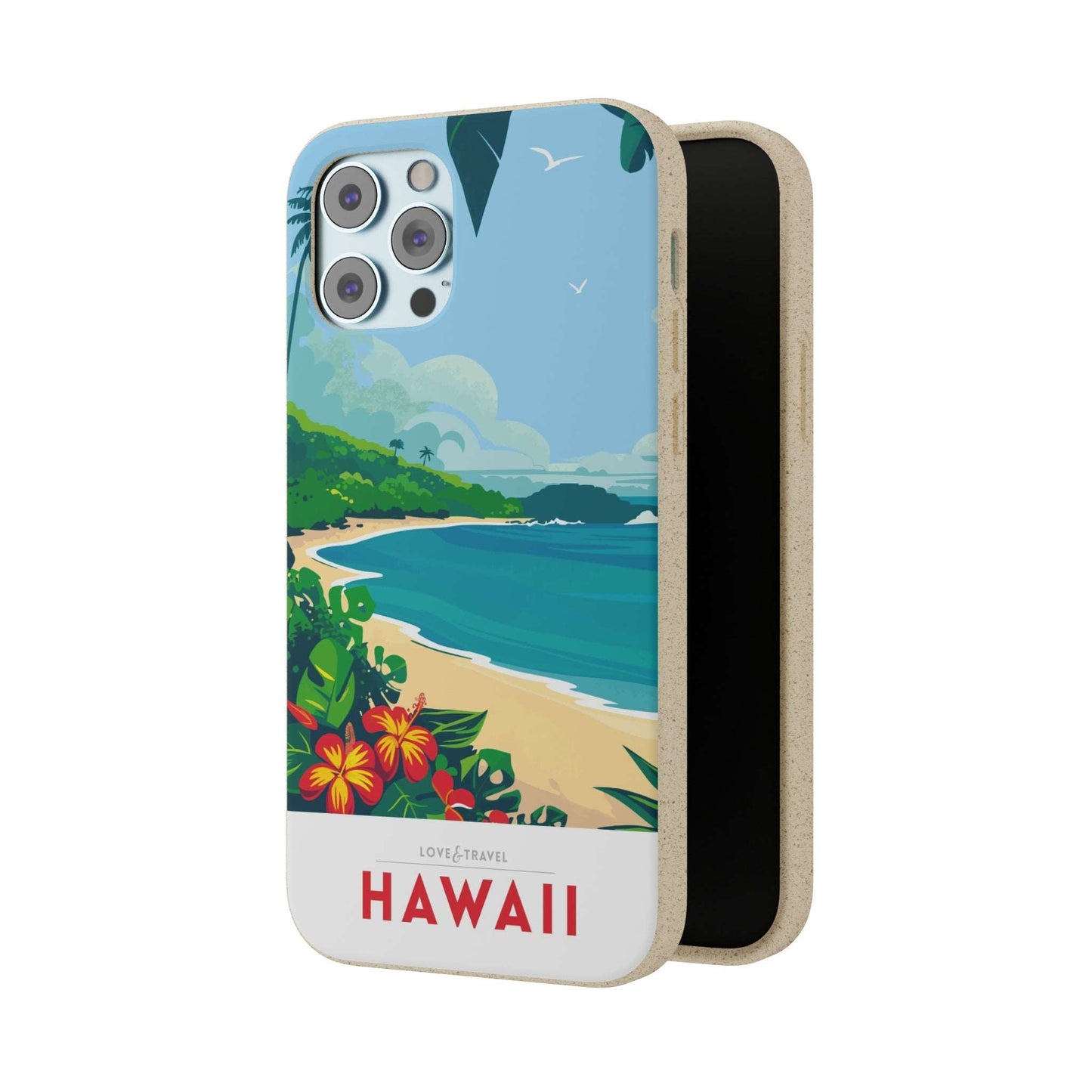 Vibrant biodegradable phone case featuring a colorful Hawaii-inspired travel poster design.