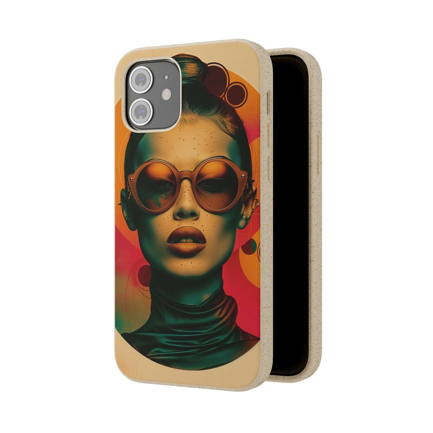 Biodegradable phone case featuring a Havana-inspired retro portrait in warm tropical hues, compatible with iPhone and Samsung models.