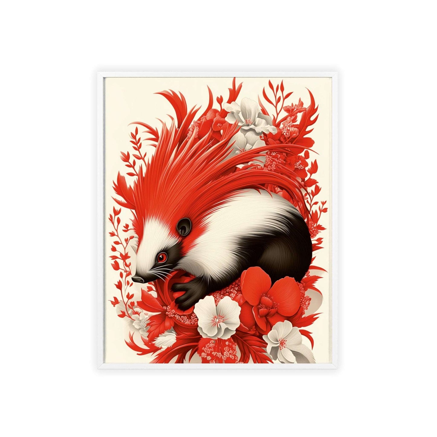 Framed poster featuring a stylized porcupine surrounded by red flowers