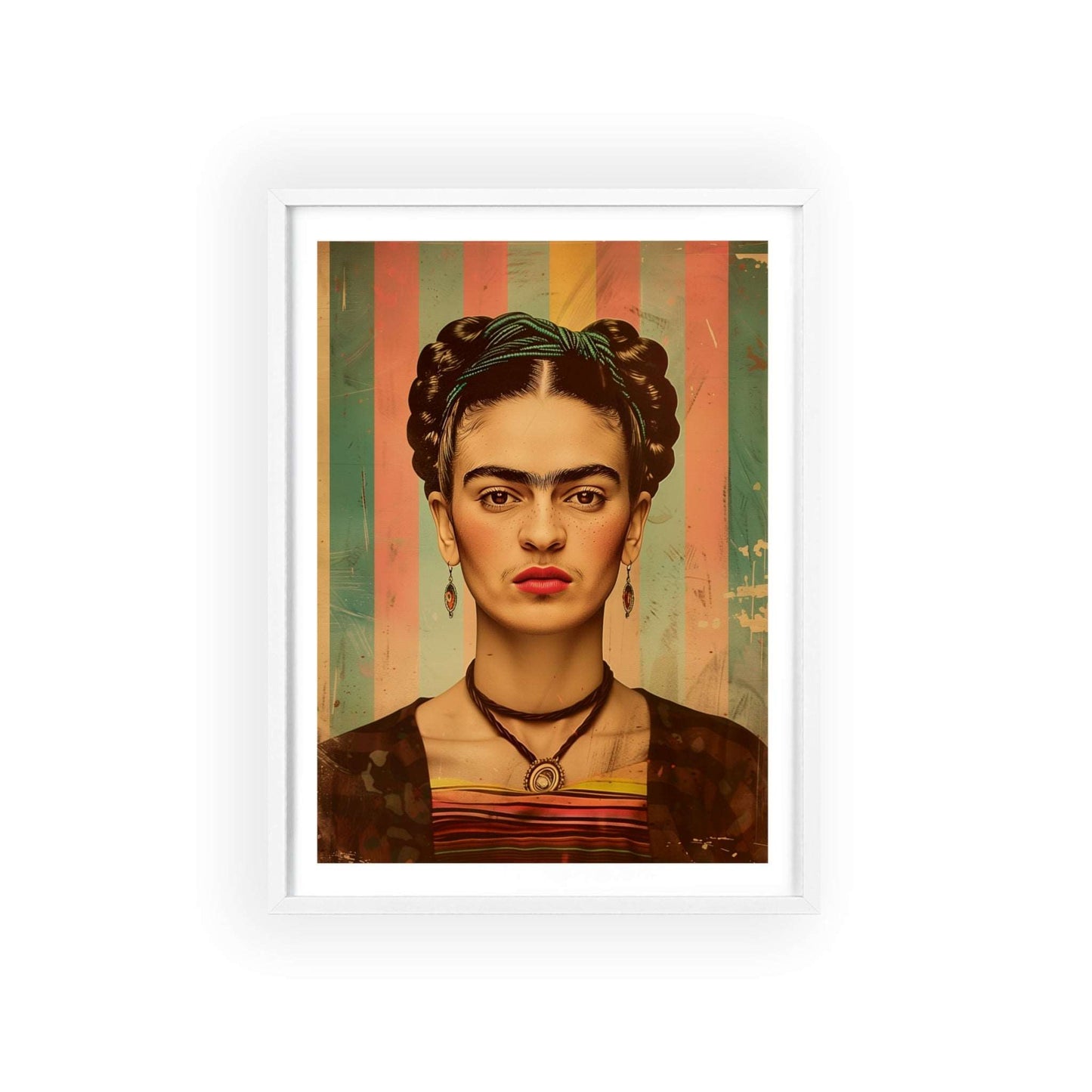 Vintage pop art style poster featuring Frida Kahlo in a vibrant color scheme. Frida has her signature unibrow, set against a background of bold, contrasting colors. The poster is framed.