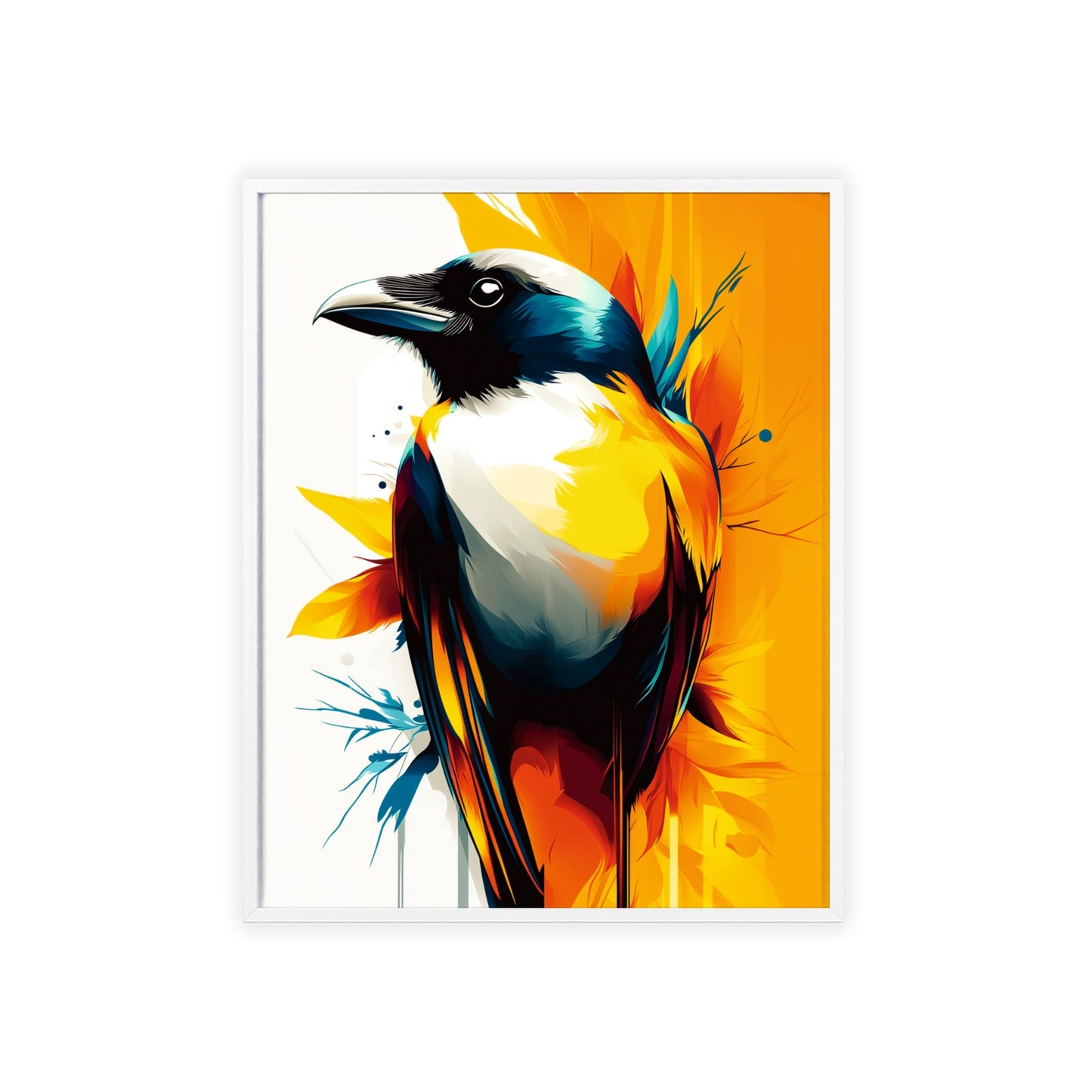 Striking digital illustration of a mystical crow with abstract shapes and vibrant colors, part of the Mystical Beasts Collection framed poster series.