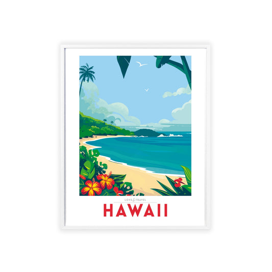 Travel poster featuring a picturesque Hawaiian beach with palm trees, crystal-clear water, and a vibrant sunset, capturing the essence of Hawaii's tropical paradise.
