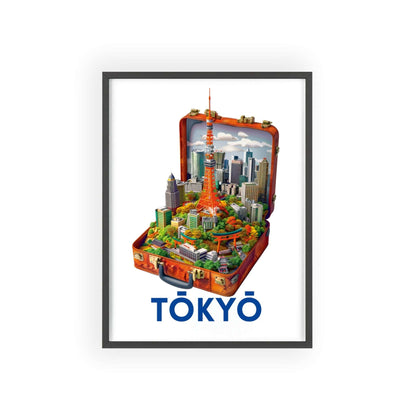 Travel poster titled "Tokio in a Suitcase" featuring a stylized illustration capturing the essence of Tokyo. The poster is designed for modern home decor.