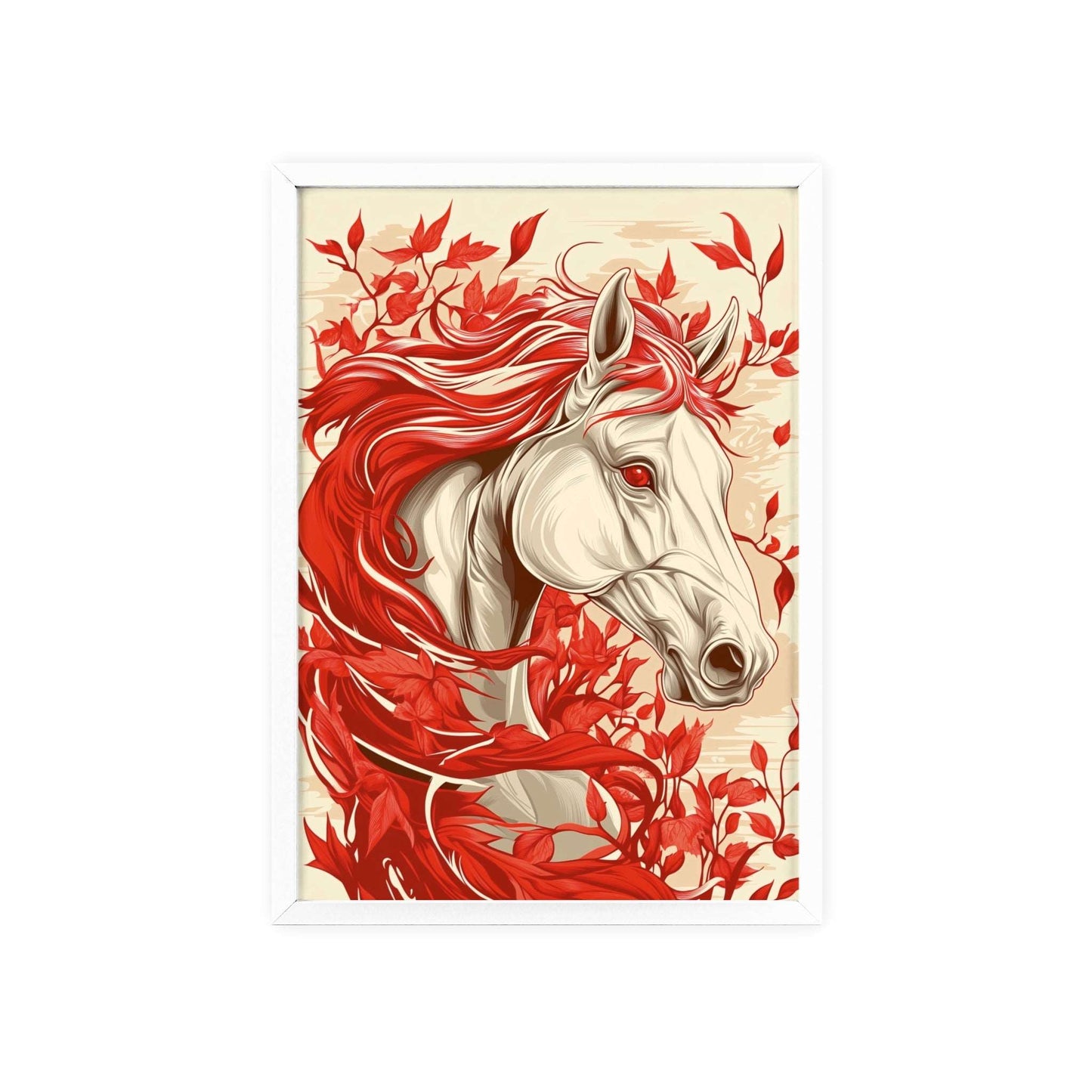 Framed poster featuring a stylized horse amidst red flowers