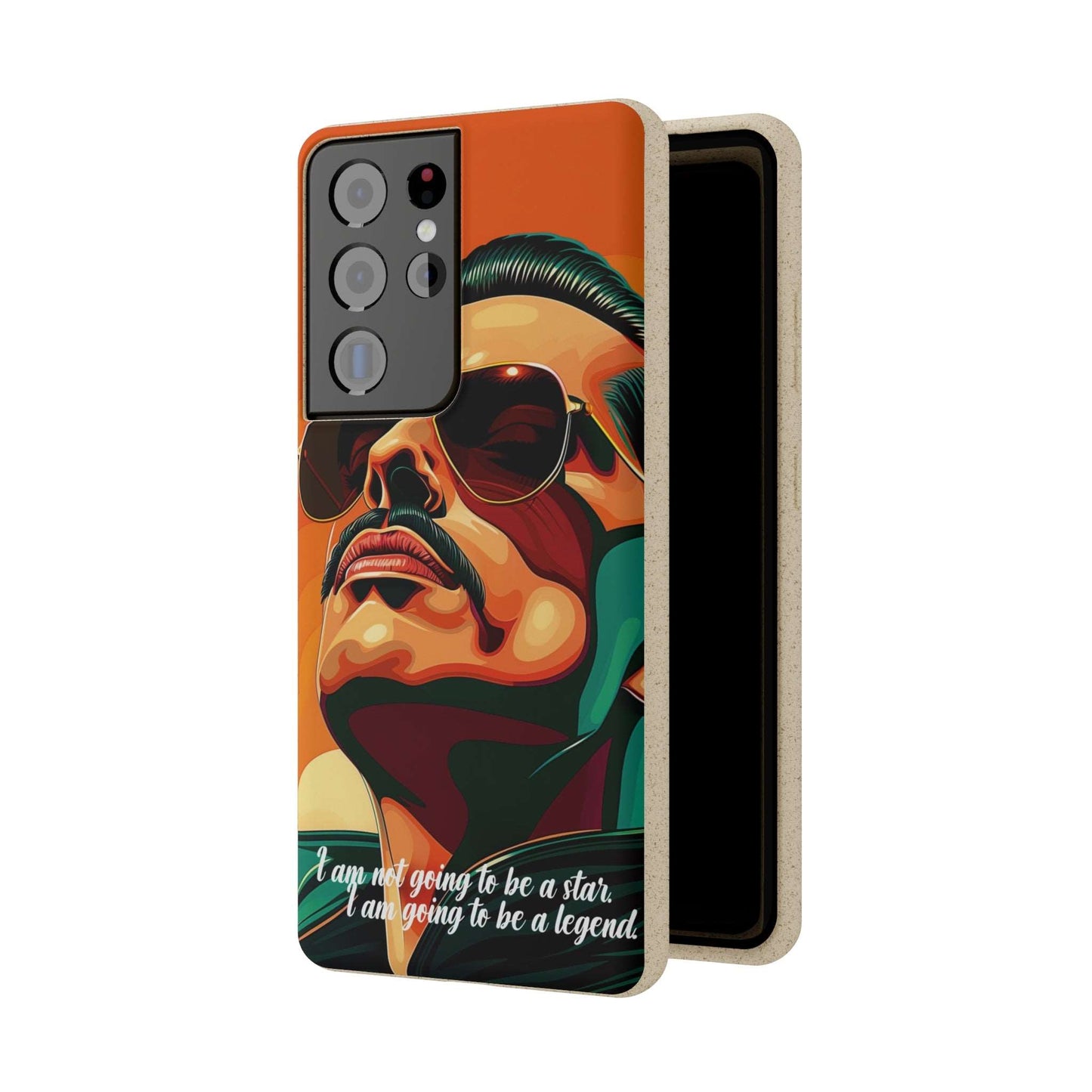 Biodegradable phone case with Freddie Mercury portrait and quote "I'm not going to be a star, I'm going to be a legend".