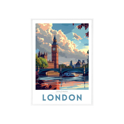 Elegant travel poster of London, showcasing iconic landmarks like Big Ben and the London Eye, perfect for adding a touch of nostalgia and sophistication to any home decor