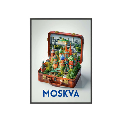 Elegant Moscow in a Suitcase travel poster featuring iconic landmarks, inspiring wanderlust and a love for timeless travel.