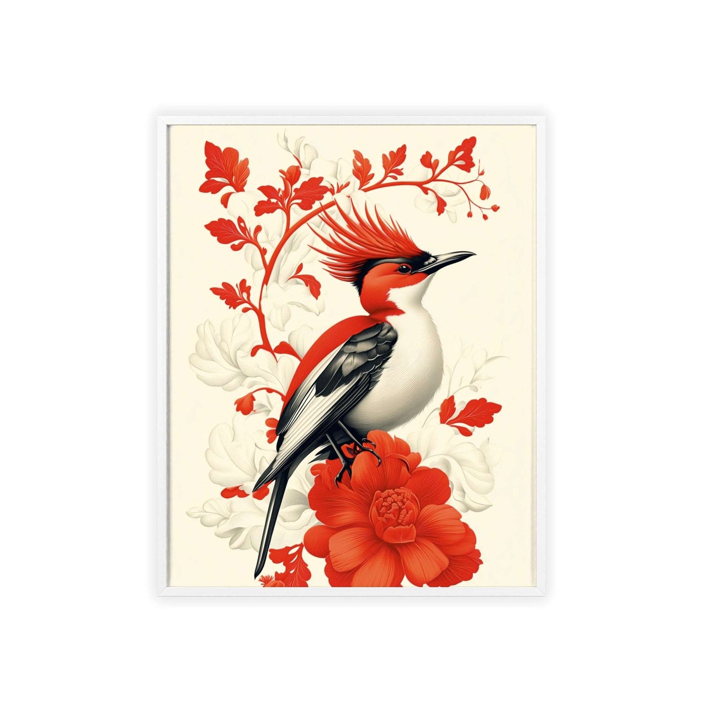 Framed poster featuring a stylized hoopoe surrounded by red flowers