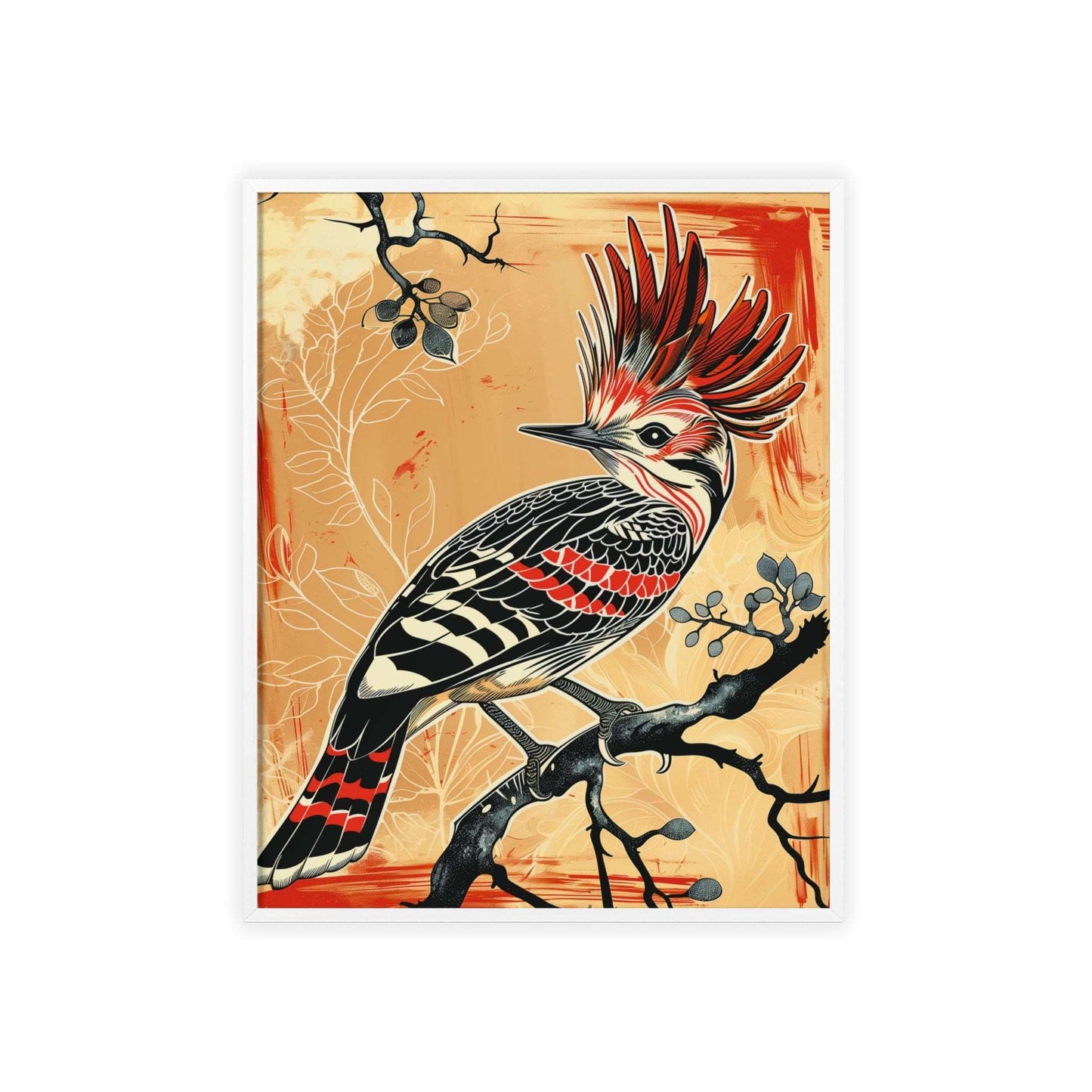 woodpecker poster, bird art, vibrant print, nature decor, wildlife illustration, red crest, birdwatching, wall art, decorative background, nature lovers