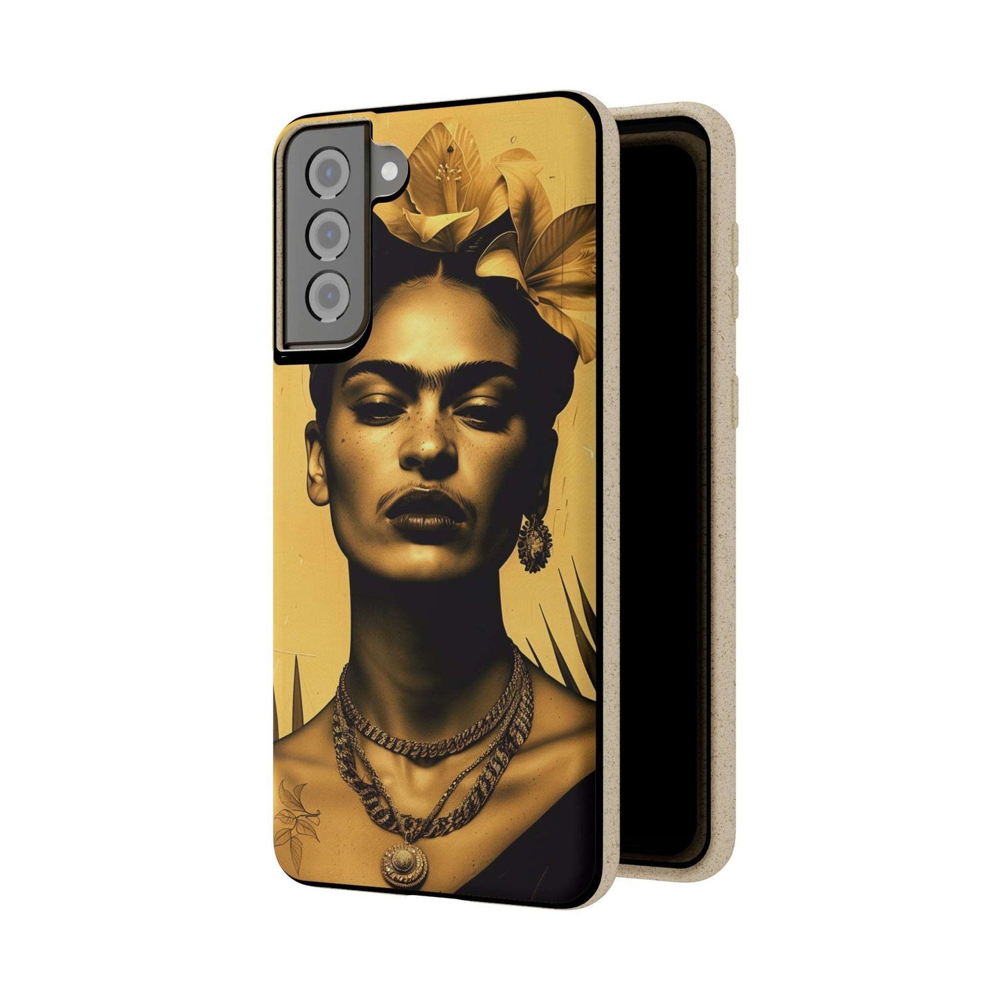 Biodegradable phone case with Frida Kahlo-inspired artwork in Coyoacan.