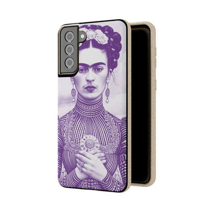 Stylish violet biodegradable phone case featuring an artistic portrait of Frida Kahlo.