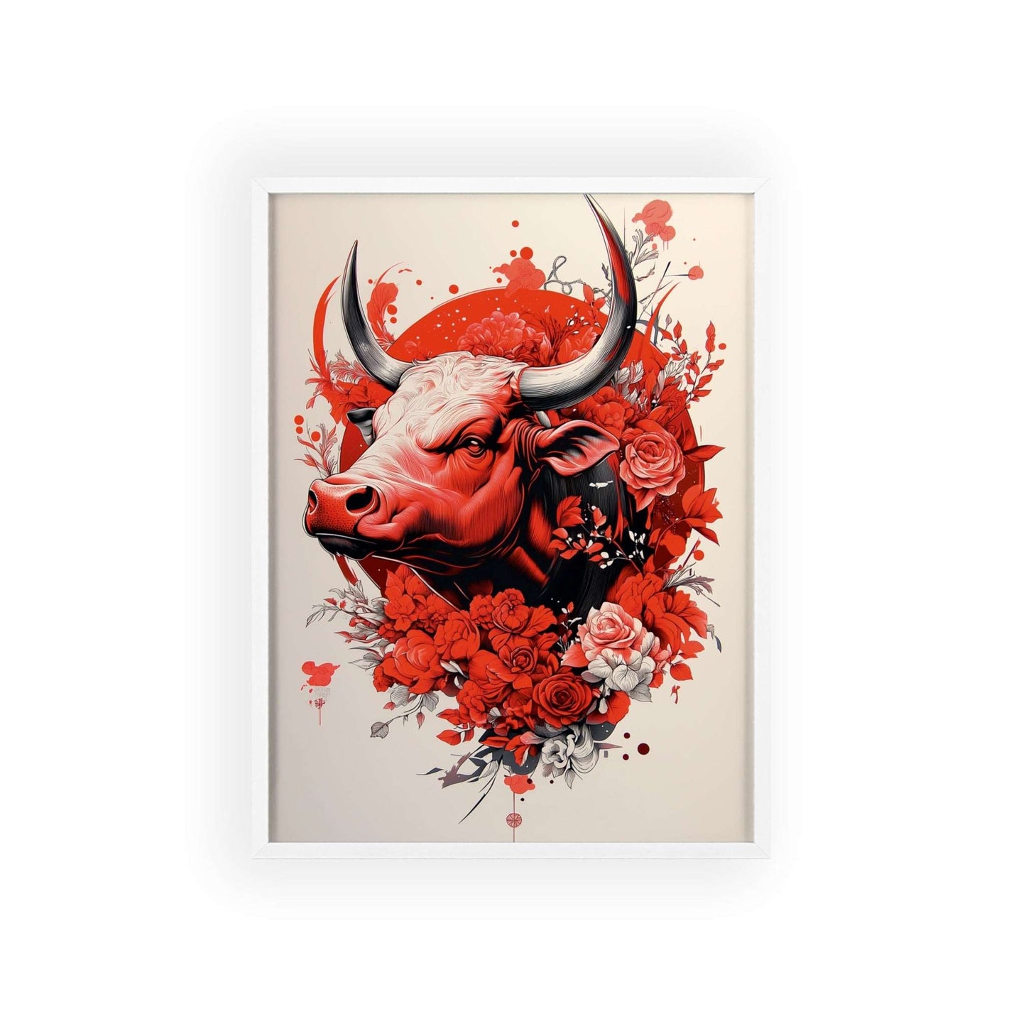 Framed poster featuring a stylized bull surrounded by red flowers