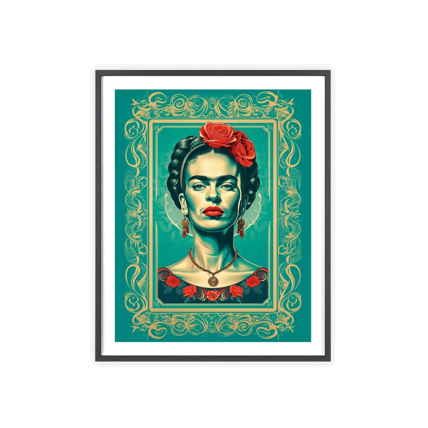 Framed portrait poster of Frida Kahlo in a modern vector design. Her features are rendered in gold, with aquamarine accents. The background is aquamarine.