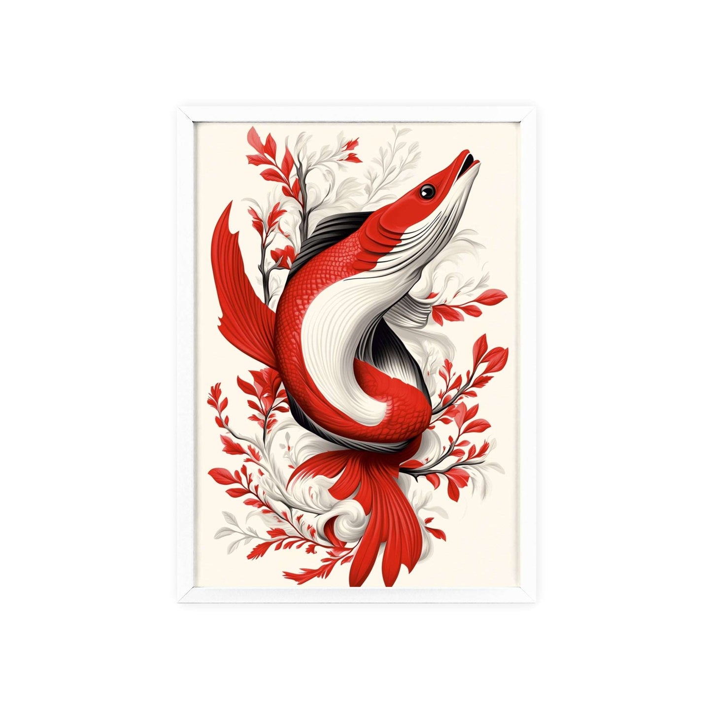 Framed poster of a stylized pike surrounded by vibrant red flowers