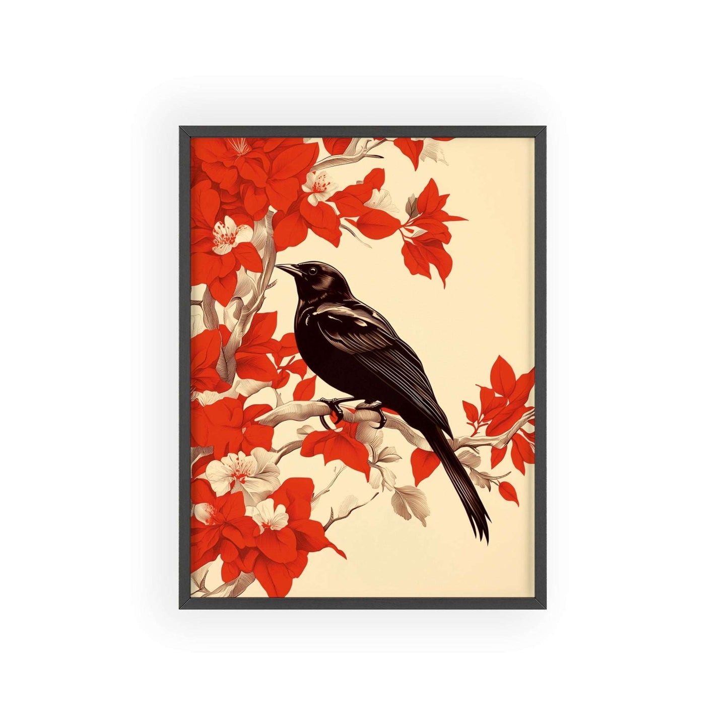 Framed poster of a stylized blackbird amidst vibrant red flowers.