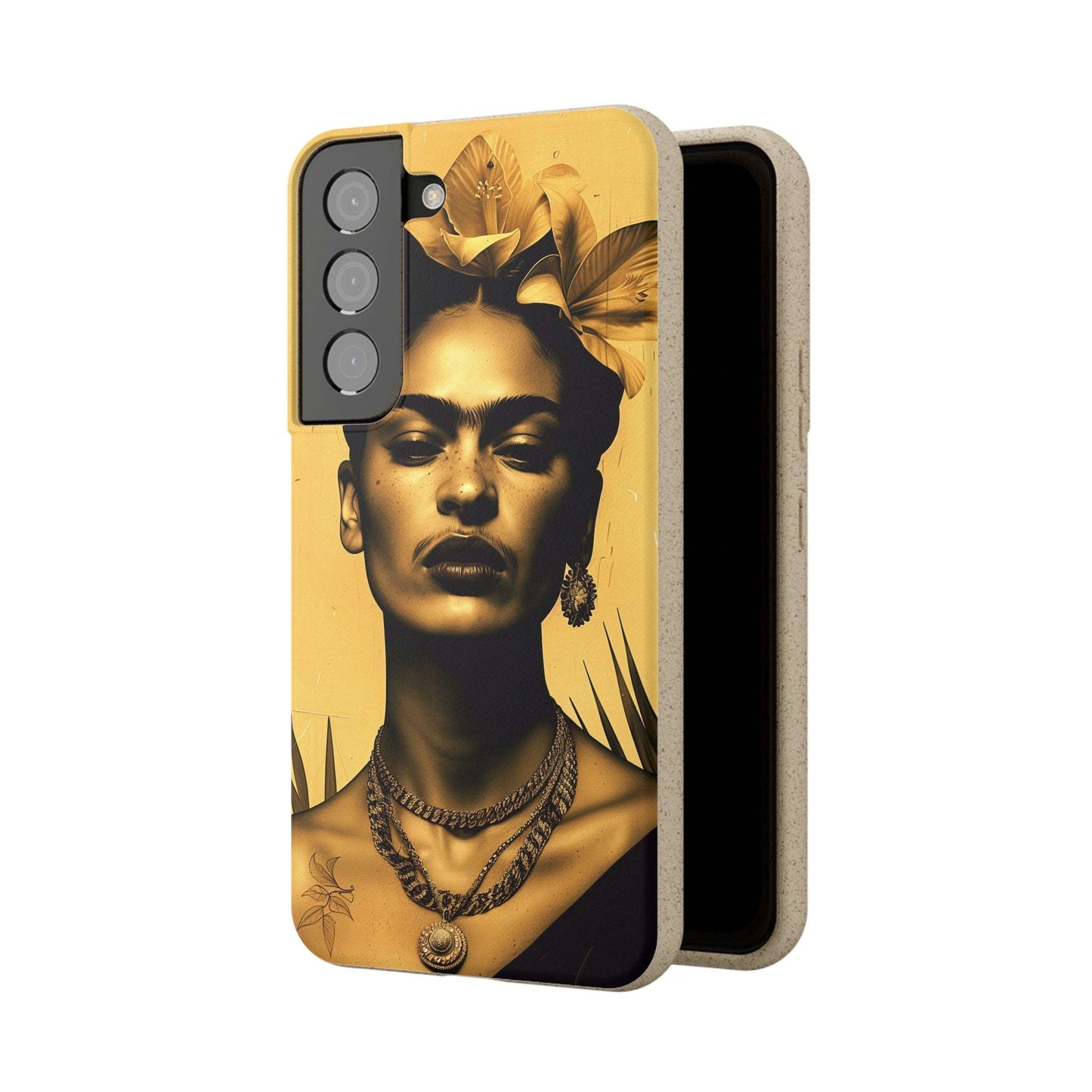 Biodegradable phone case with Frida Kahlo-inspired artwork in Coyoacan.