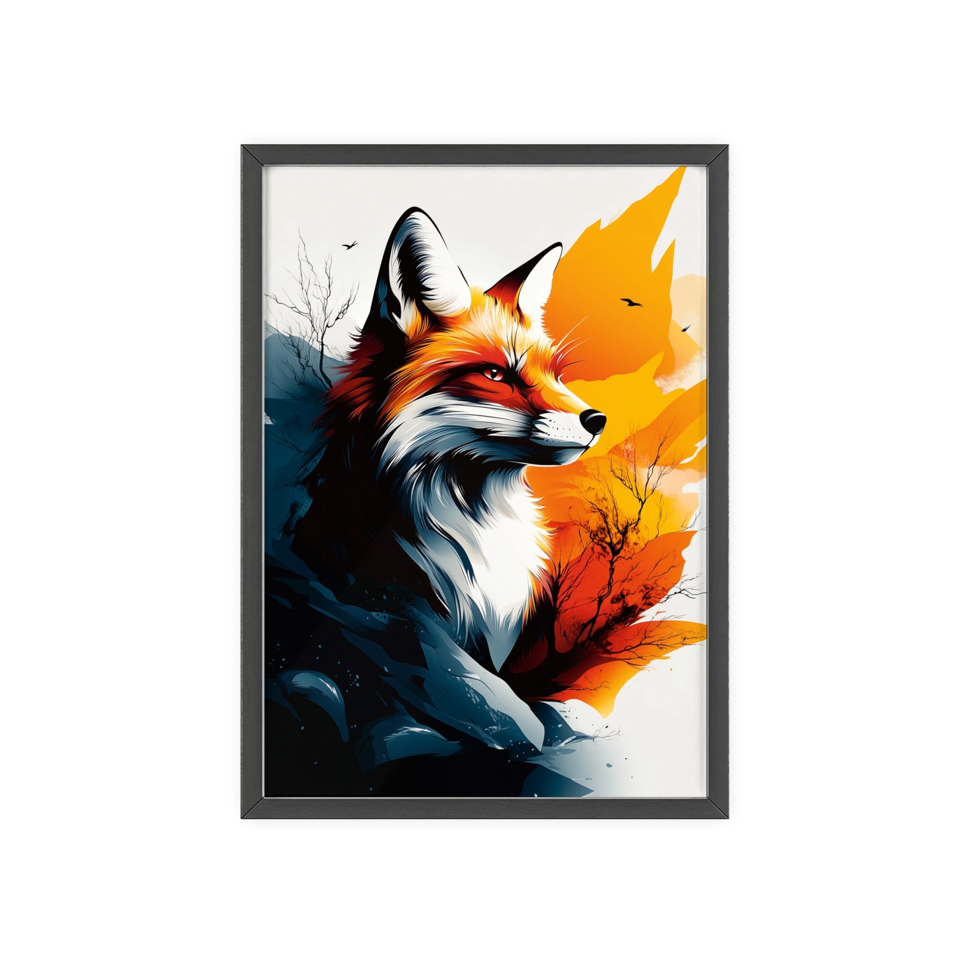 Vibrant digital illustration of a mystical fox featuring geometric shapes and bold colors, part of the Mystical Beasts Collection framed poster series.