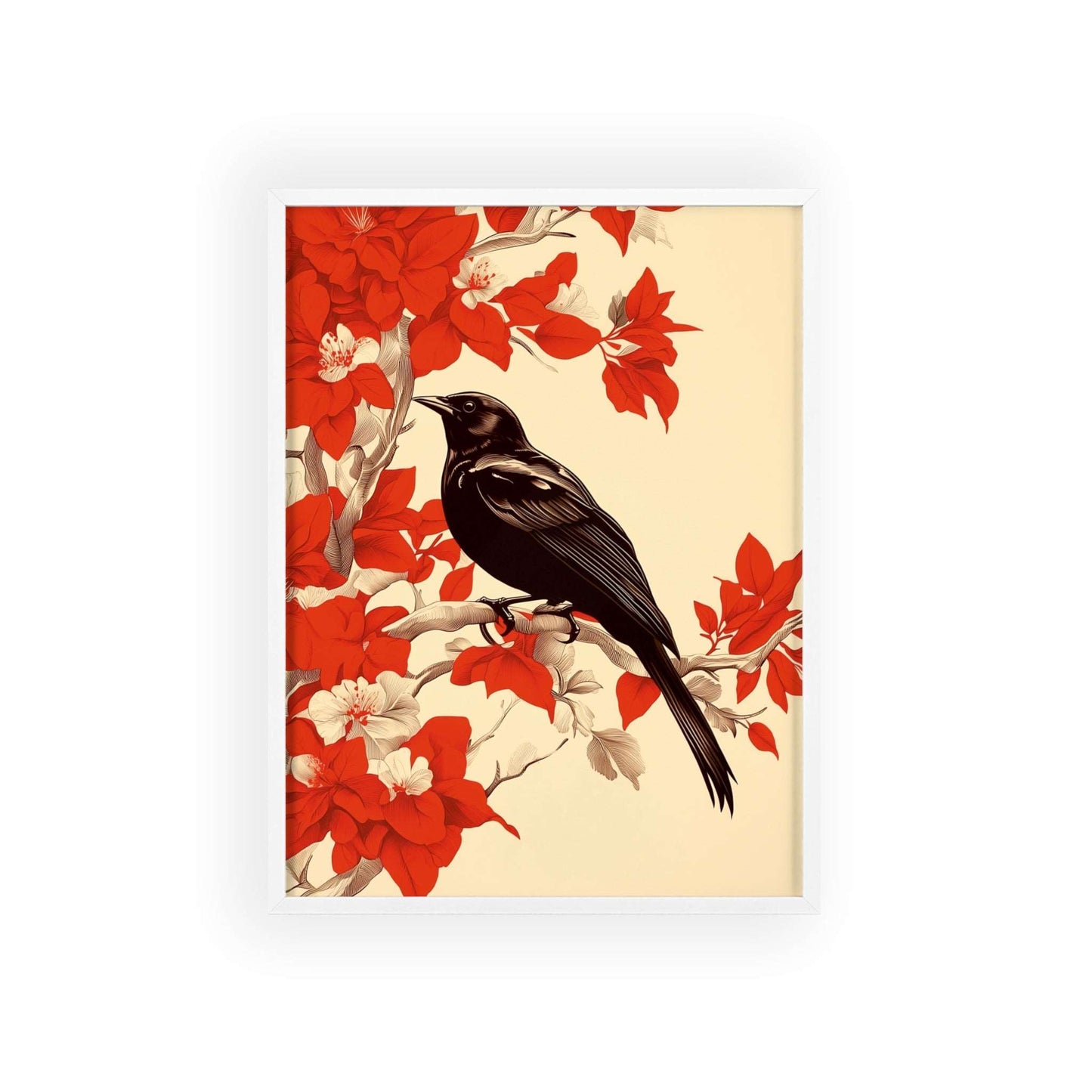 Framed poster of a stylized blackbird amidst vibrant red flowers.