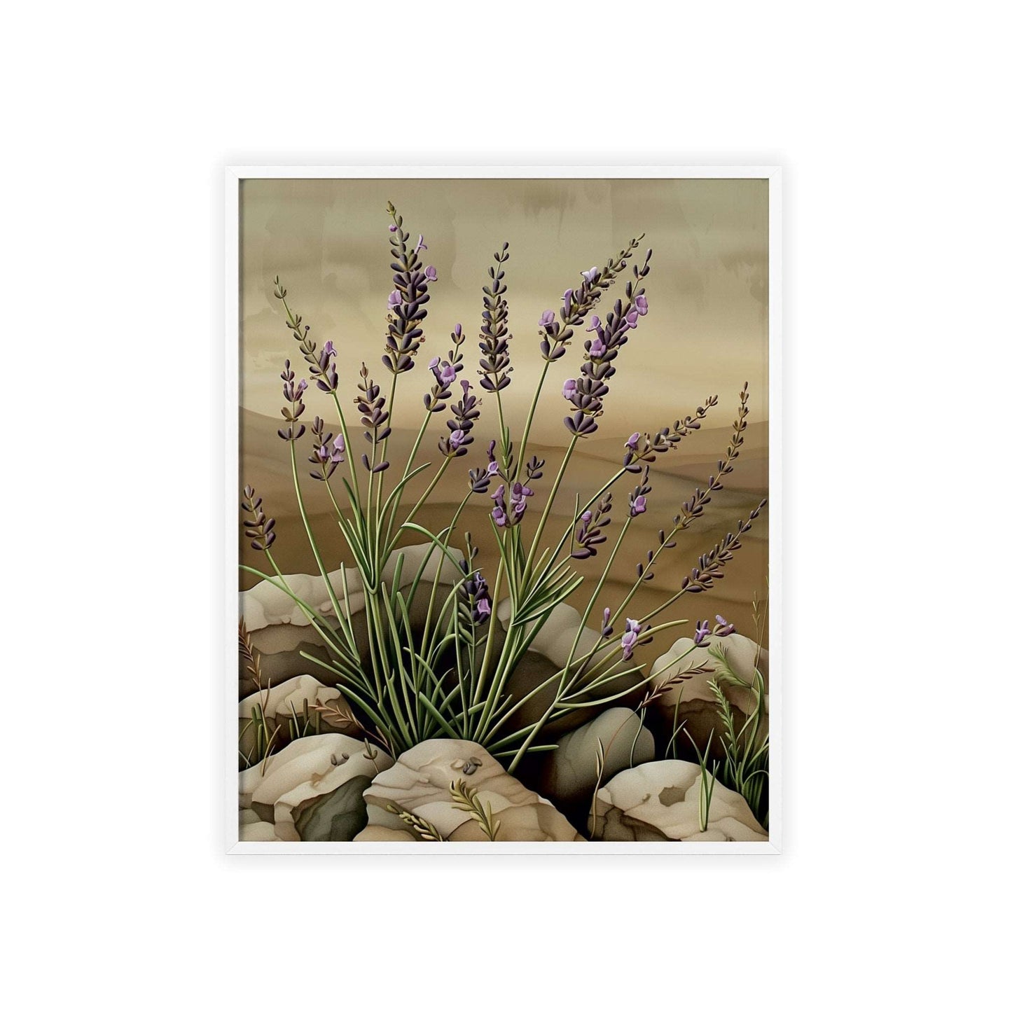 Vintage-style framed poster showcasing delicate lavender sprigs in soothing purple hues