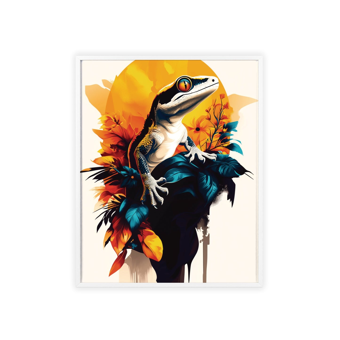 Framed Mystical Pop poster featuring a vibrant and colorful digital illustration of a wall gecko.