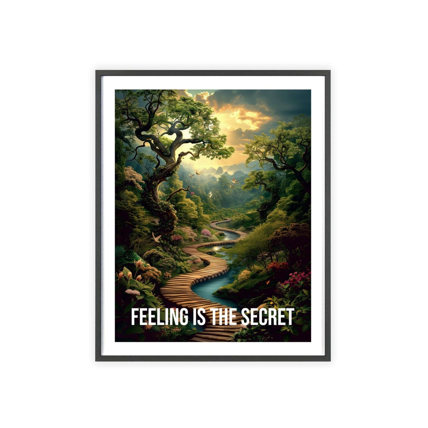 urreal minimalist art print featuring a winding forest path with sunbeams, and Neville Goddard quote "Feeling is the secret"