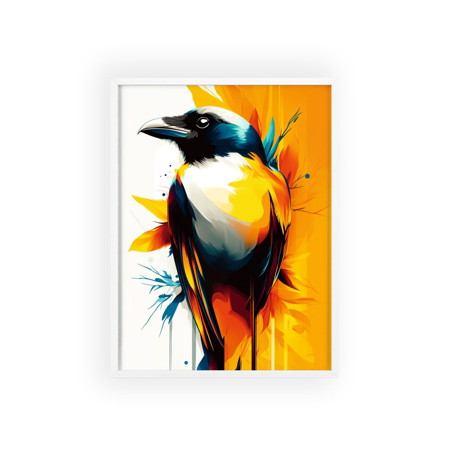 Striking digital illustration of a mystical crow with abstract shapes and vibrant colors, part of the Mystical Beasts Collection framed poster series.