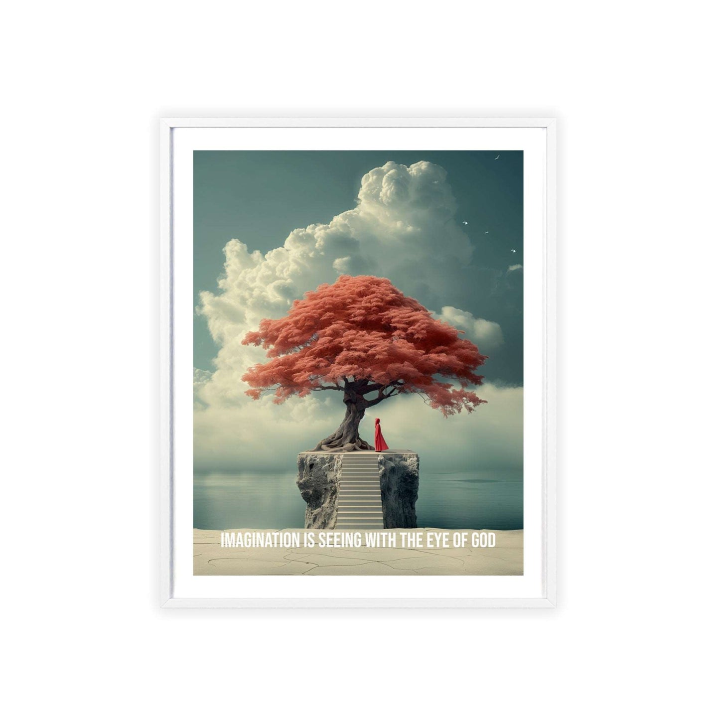 Surreal minimalist art print featuring a child looking at the horizon, with Neville Goddard quote "Imagination is seeing with the eye of God"