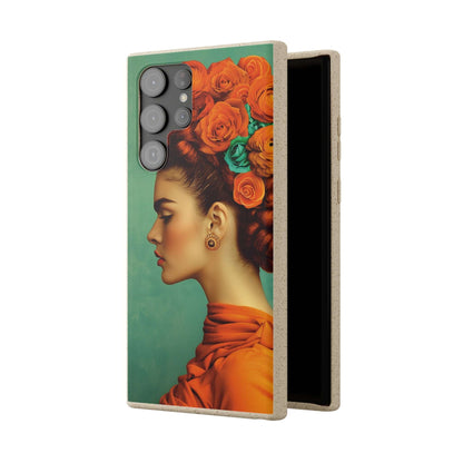 Vibrant orange biodegradable phone case featuring a stylized portrait of Frida Kahlo with aquamarine accents.